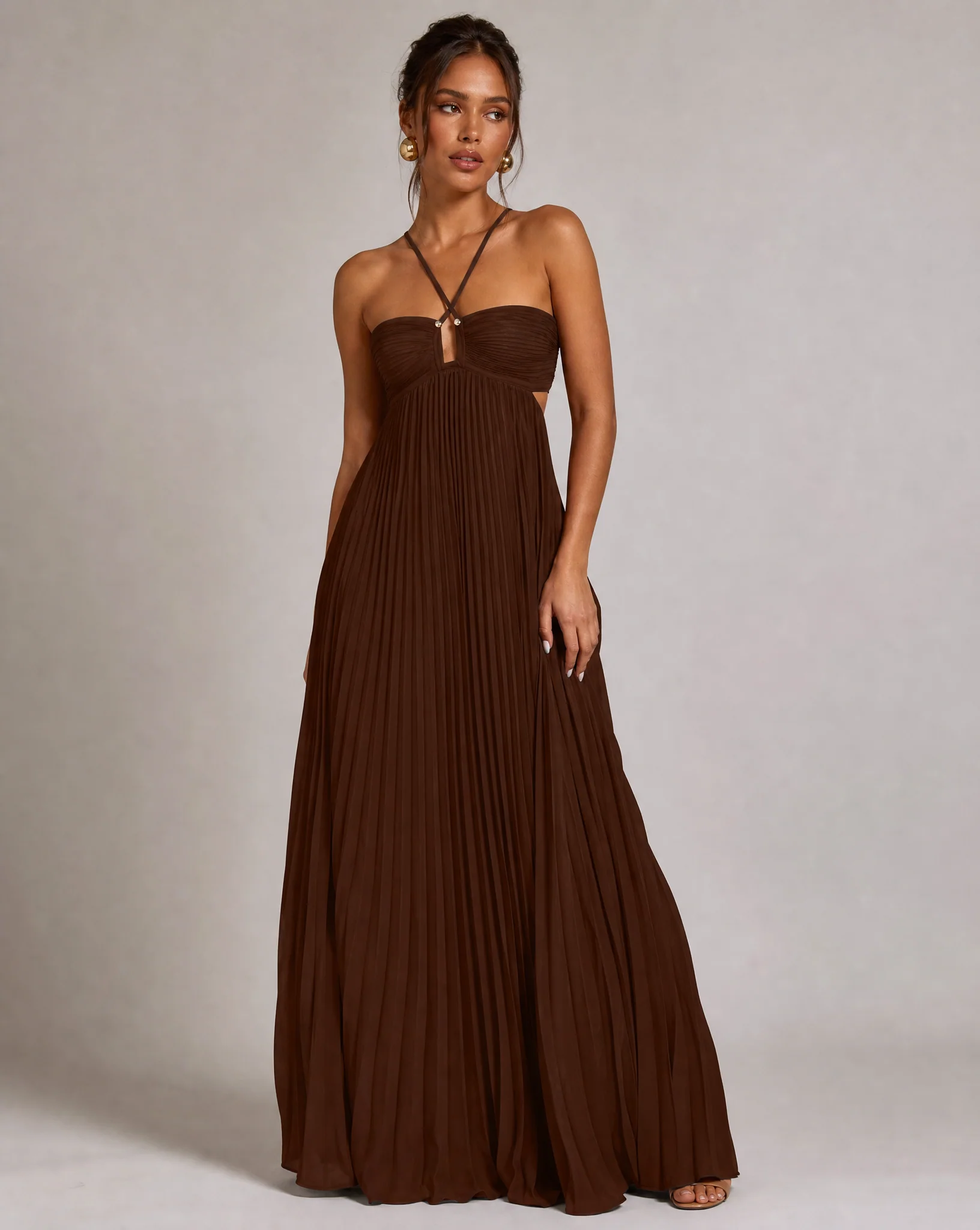 Pleated Halter Neck Maxi Dress with Open Back Detail - Image 2