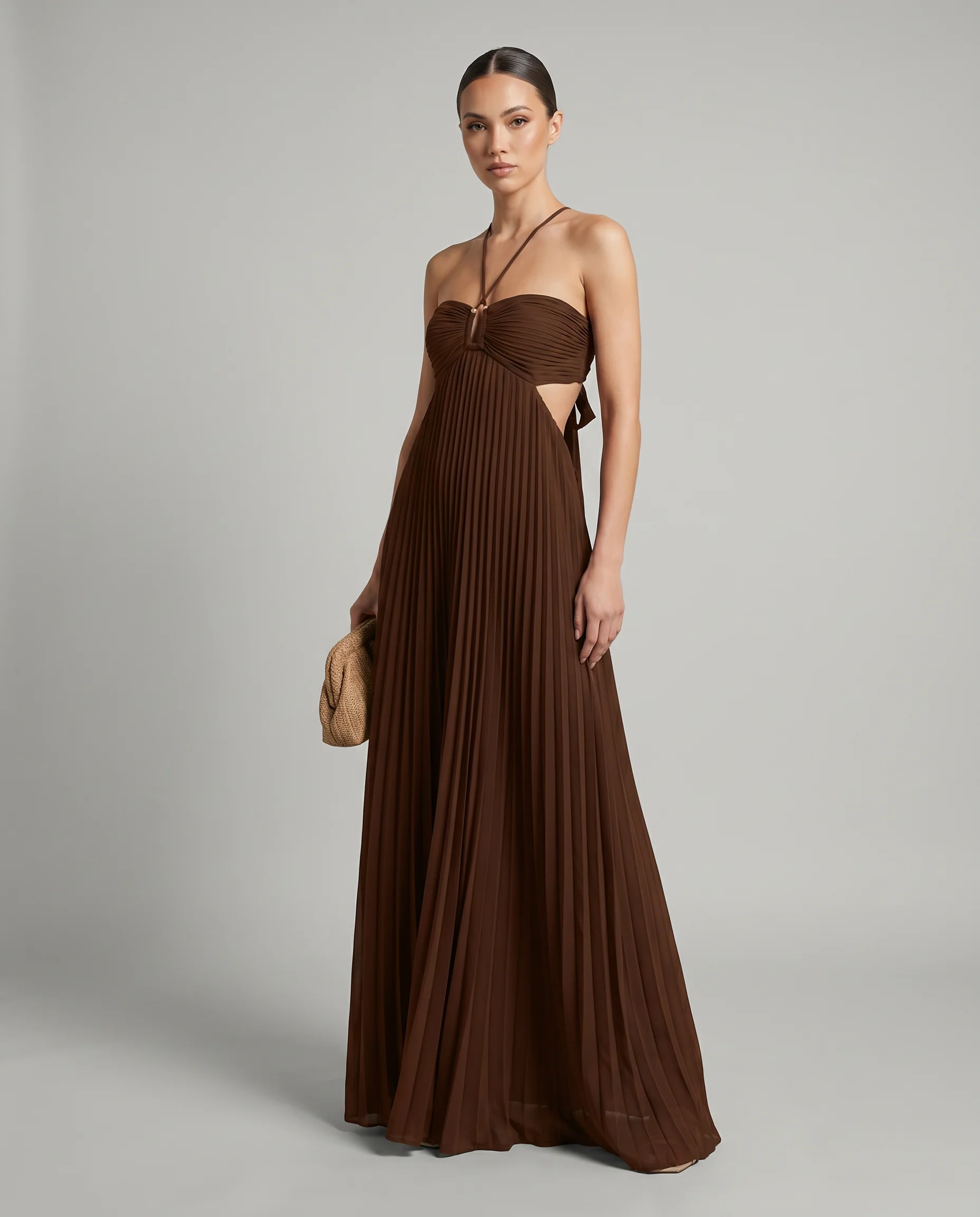 Pleated Halter Neck Maxi Dress with Open Back Detail - Image 3