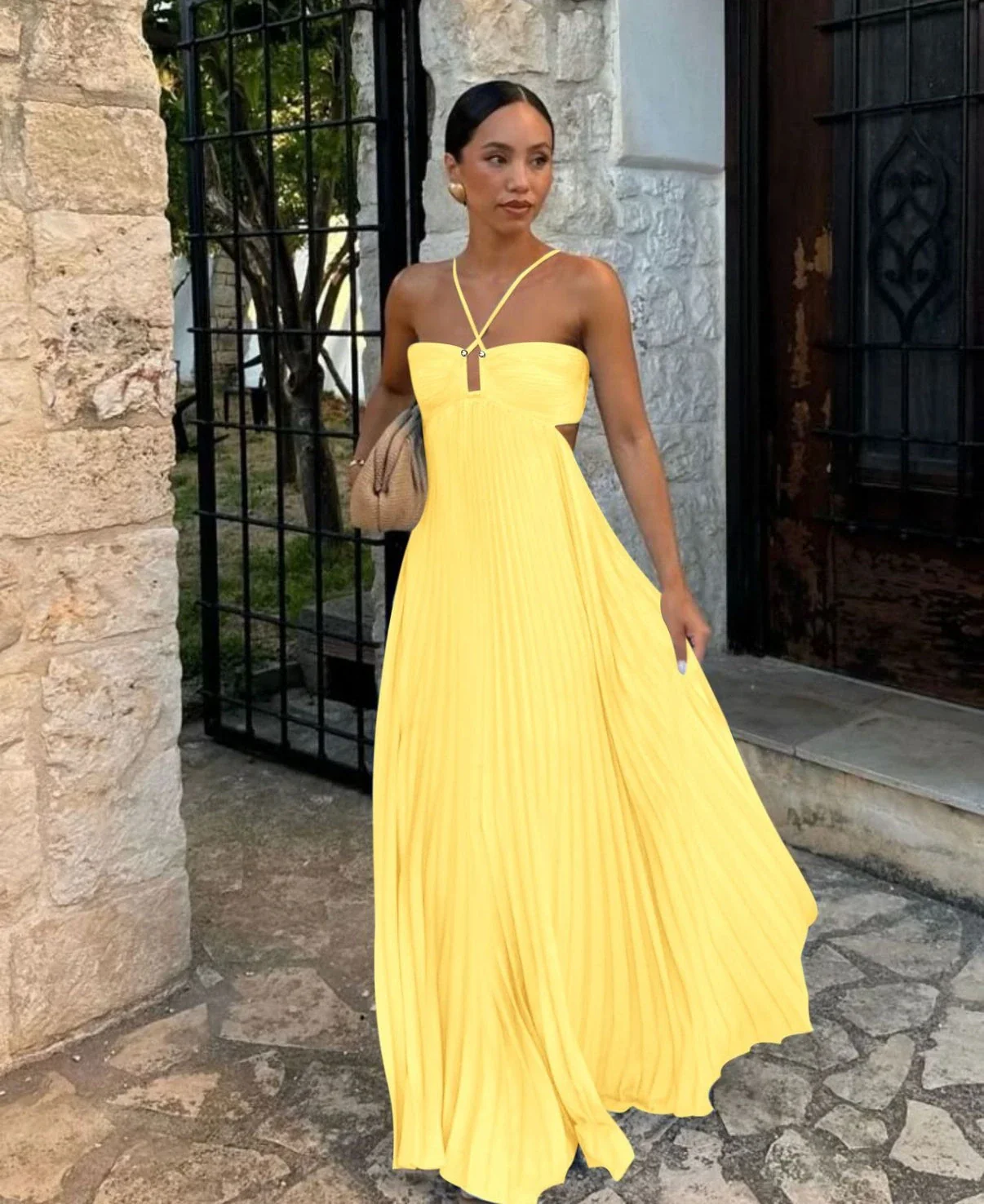 Pleated Halter Neck Maxi Dress with Open Back Detail - Image 5