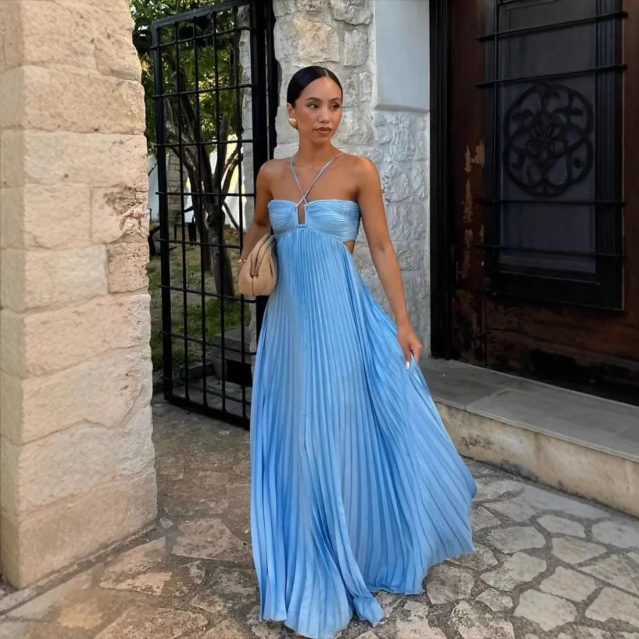 Pleated Halter Neck Maxi Dress with Open Back Detail - Image 6