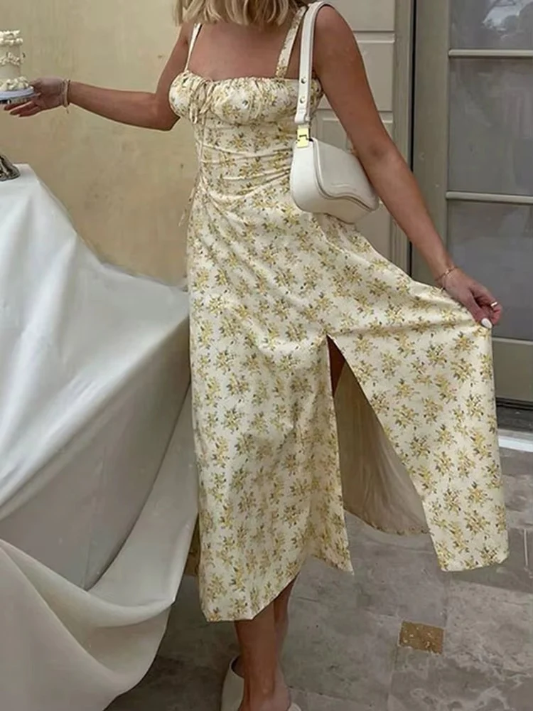 Yellow Floral Formal Summer Midi Dress - Image 3