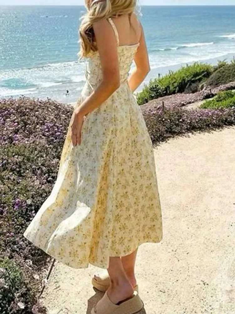 Yellow Floral Formal Summer Midi Dress - Image 4