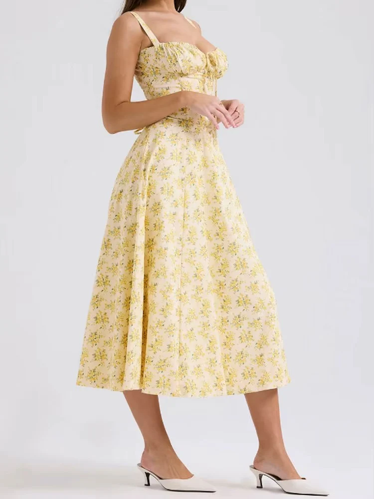 Yellow Floral Formal Summer Midi Dress - Image 5