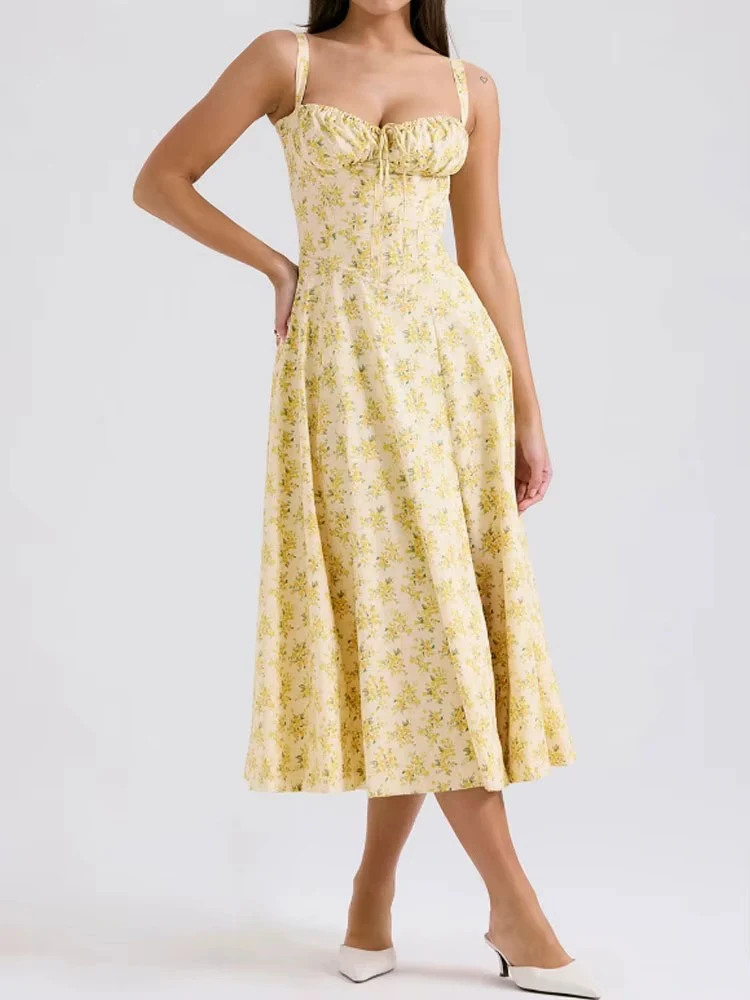 Yellow Floral Formal Summer Midi Dress - Image 6