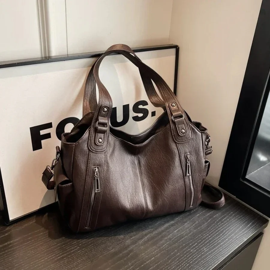 Faux Leather Shoulder Duffle Bag - Image 5