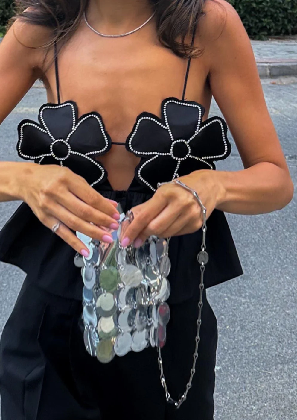 Embellished Black Flower Crop Top - Image 6
