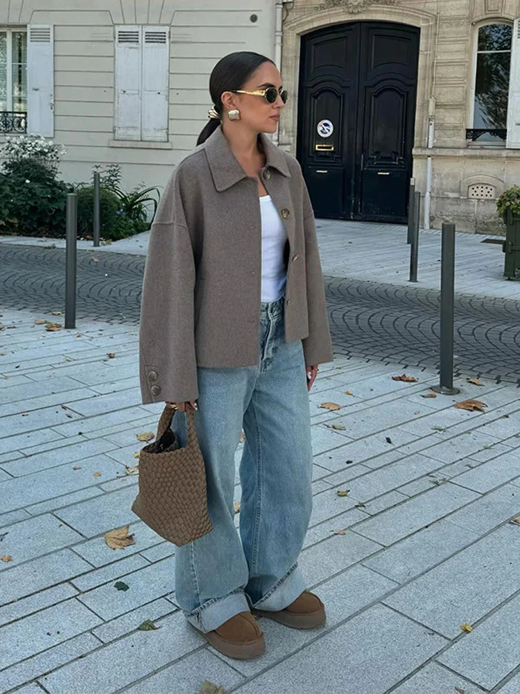 Women's Boxy Cropped Wool Coat Jacket - Image 3