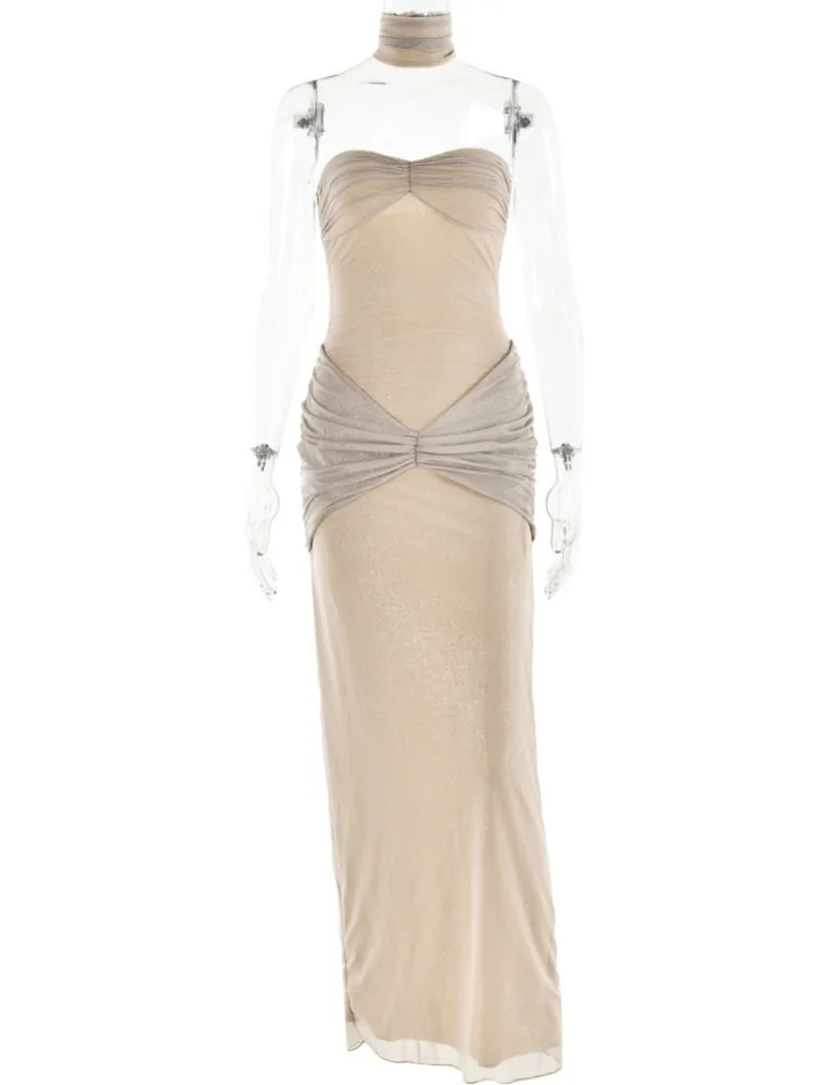 Strapless Shimmer Maxi Dress – Elegant Ruched Evening Dress for Women - Image 8