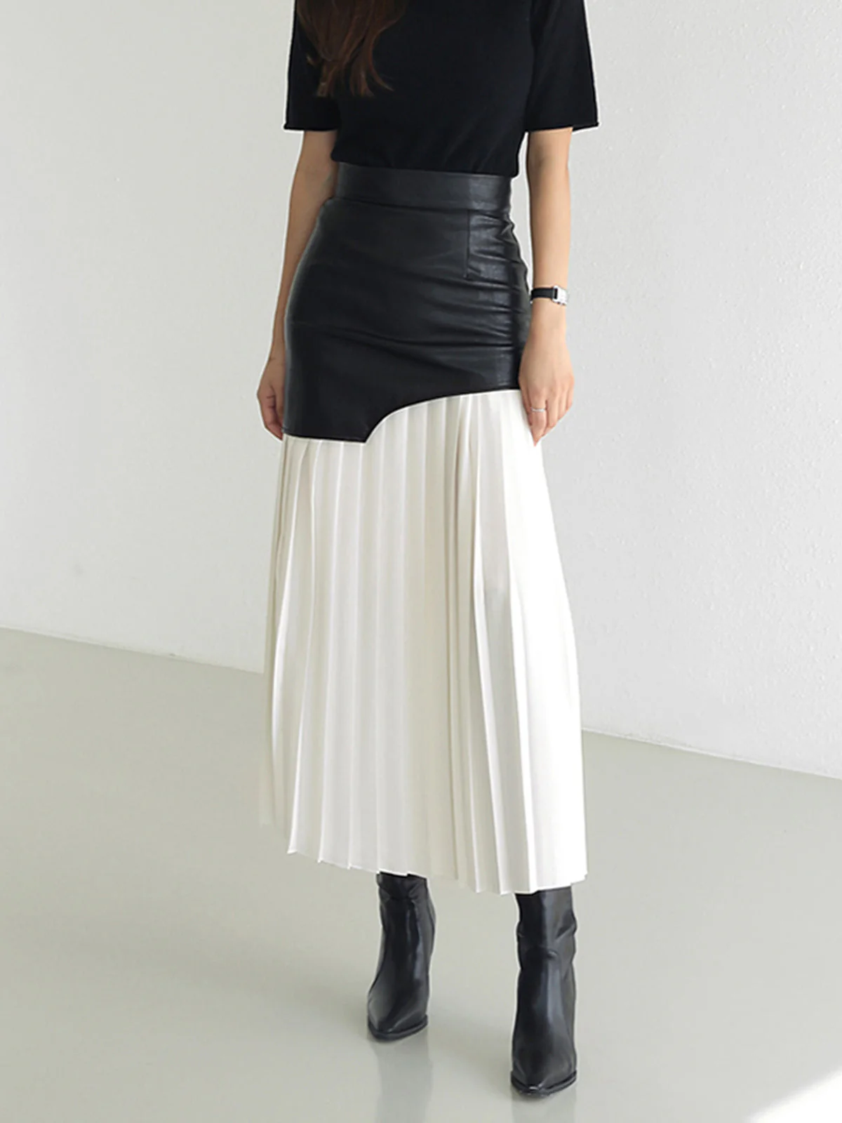 Asymmetric Faux Leather Pleated Maxi Skirt