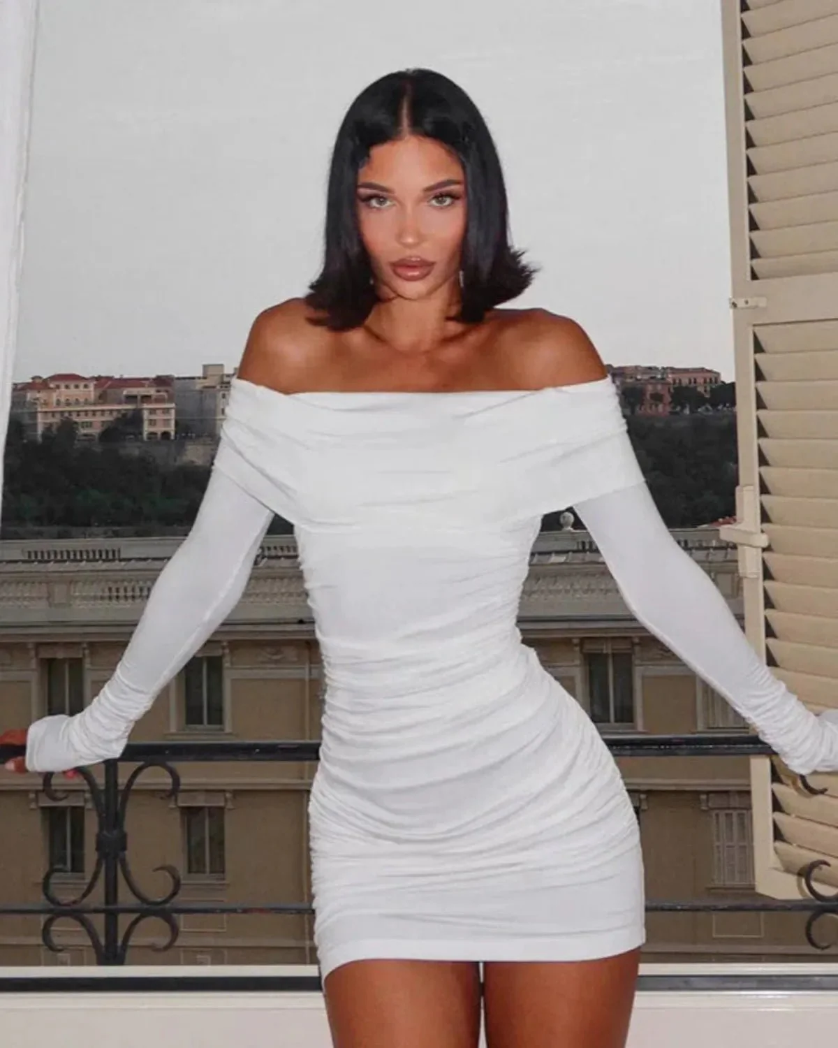 Asymmetrical Off-Shoulder Cocktail Party Mini Dress with Ruching - Image 3