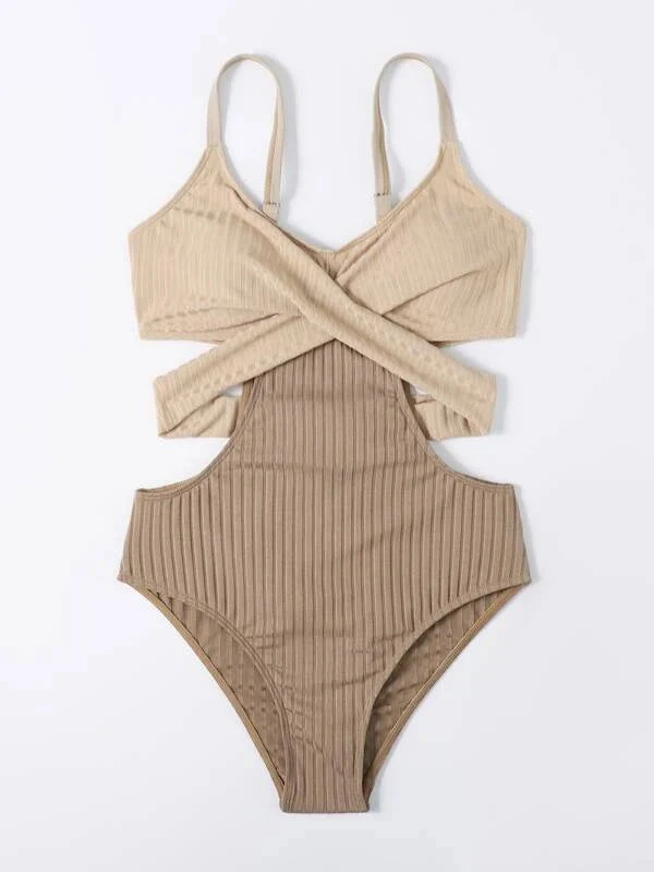 Beige Swimsuit with Crossed Waistband - Image 2