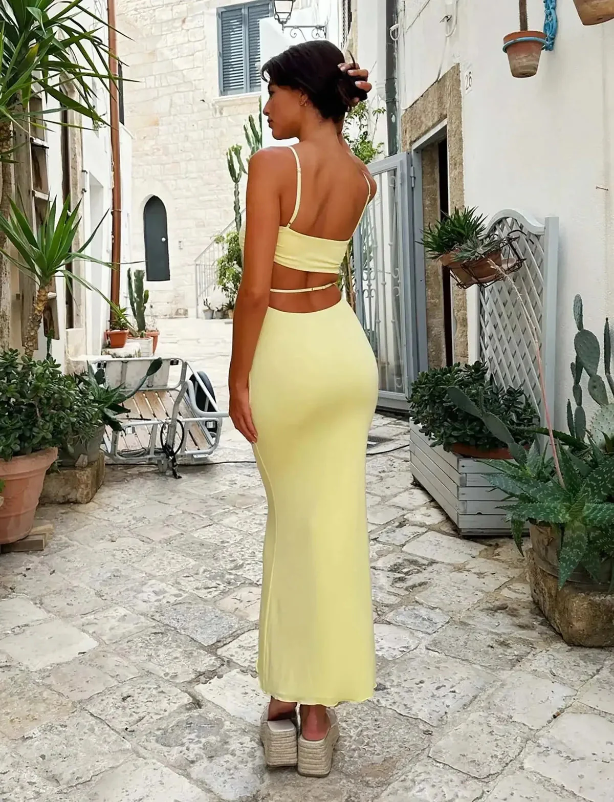 Yellow Backless Bodycon Summer Party Maxi Dress - Image 4