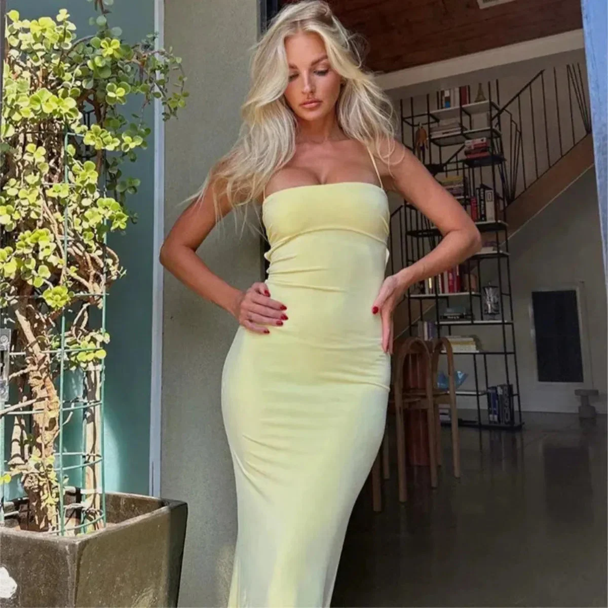 Yellow Backless Bodycon Summer Party Maxi Dress - Image 5