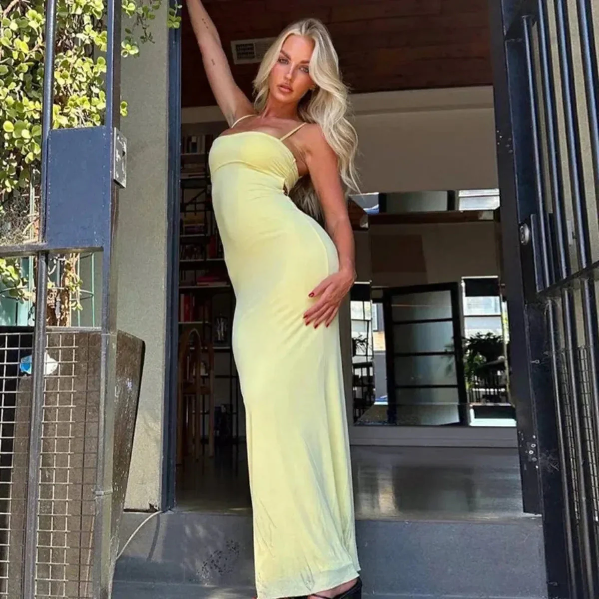 Yellow Backless Bodycon Summer Party Maxi Dress - Image 6