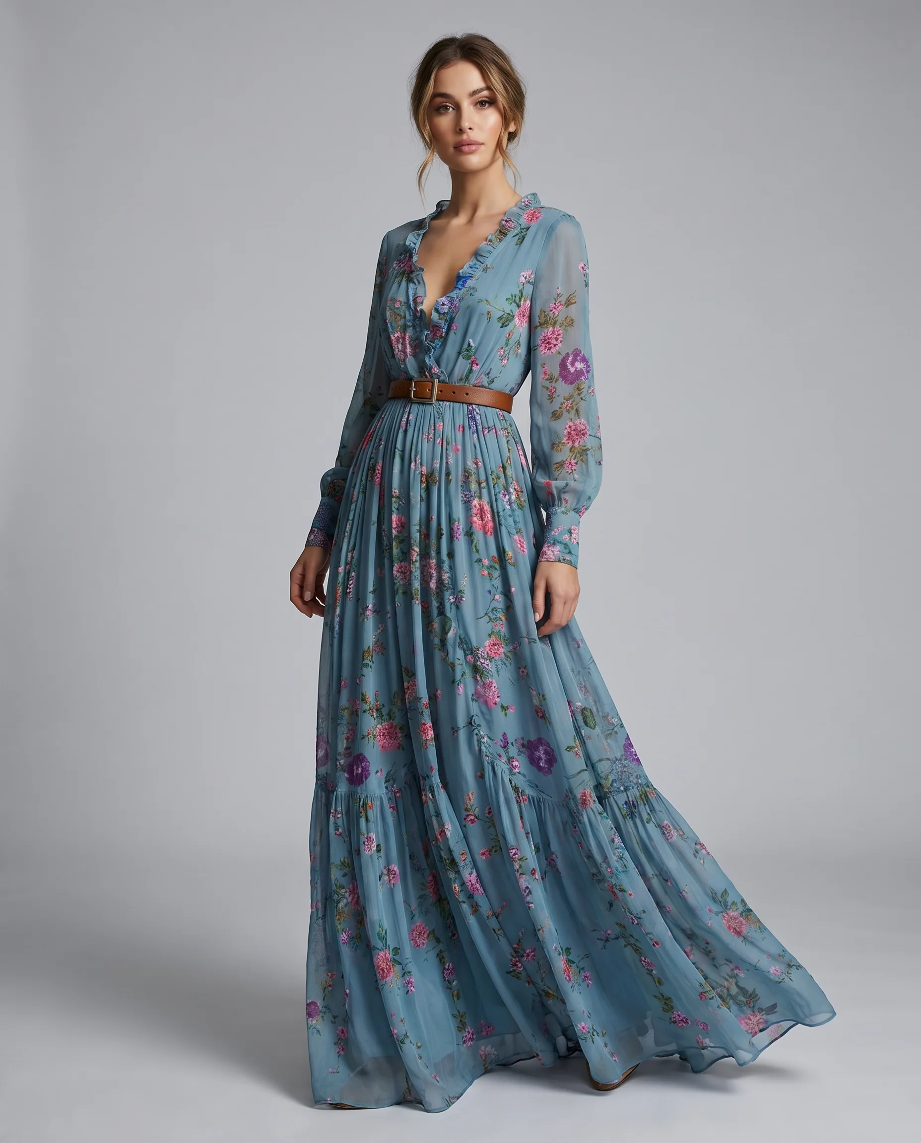 Women's Bohemian Floral Print Maxi Dress With Long Sleeves