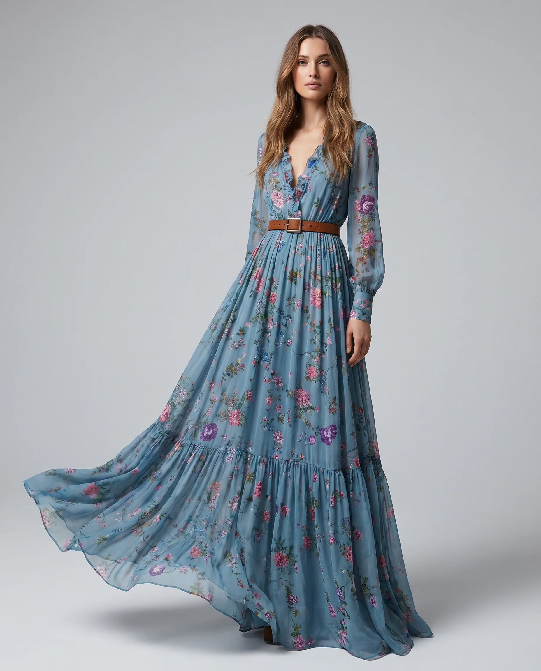 Women's Bohemian Floral Print Maxi Dress With Long Sleeves - Image 2