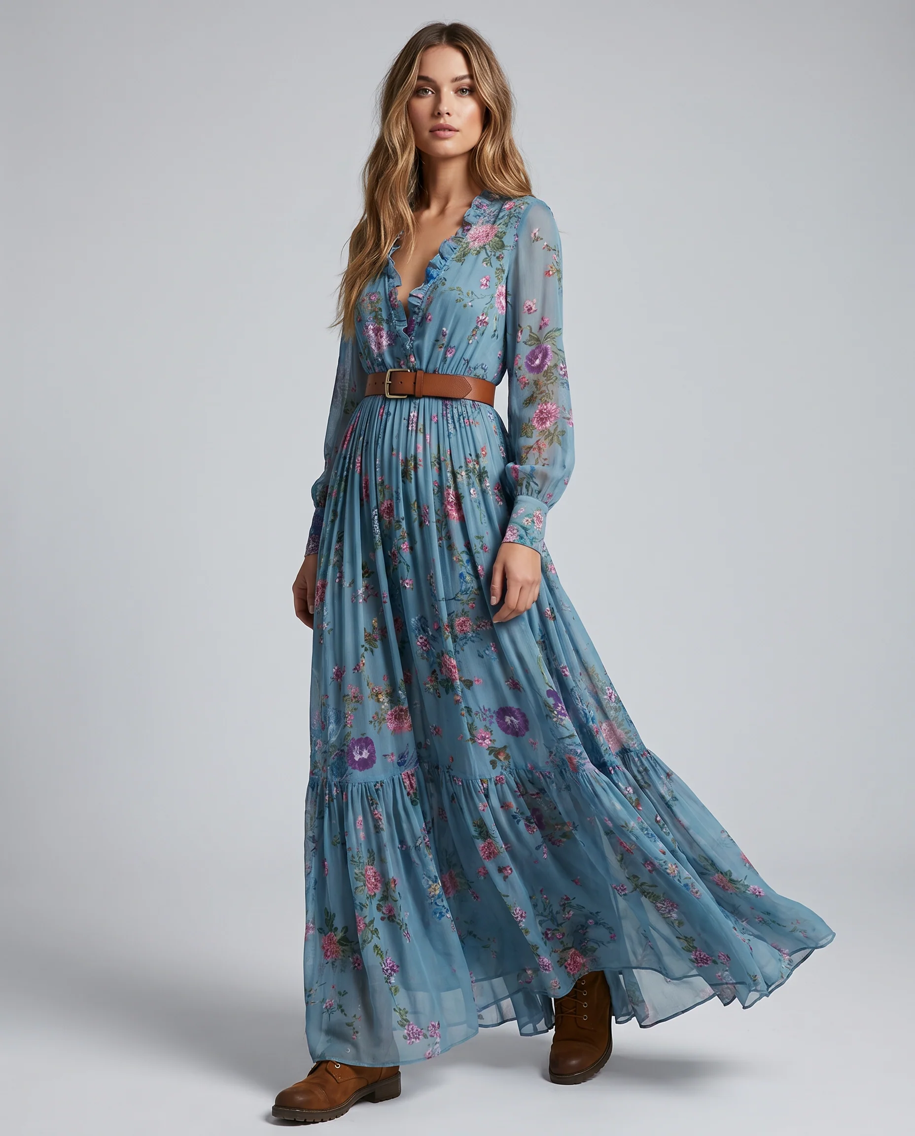 Women's Bohemian Floral Print Maxi Dress With Long Sleeves - Image 3