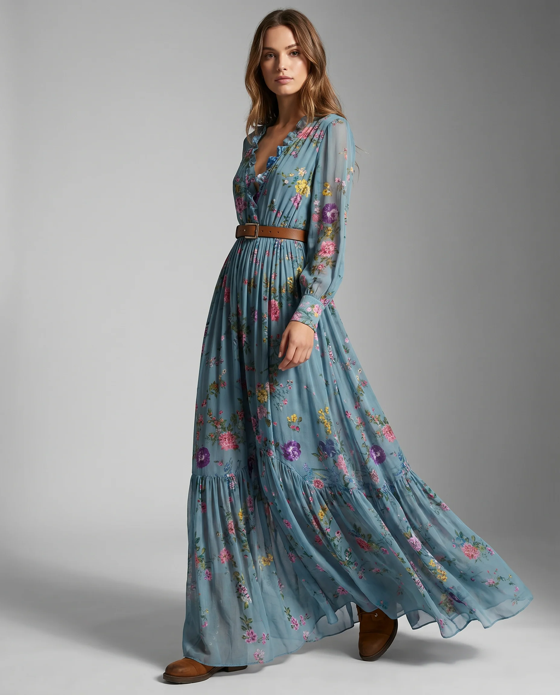 Women's Bohemian Floral Print Maxi Dress With Long Sleeves - Image 4