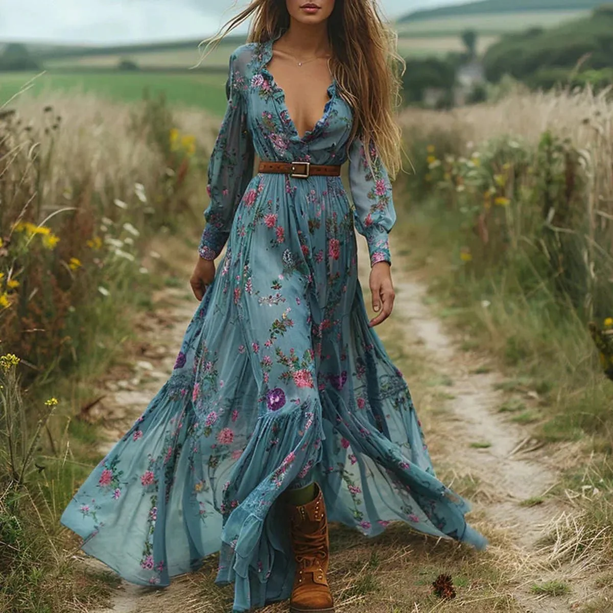Women's Bohemian Floral Print Maxi Dress With Long Sleeves - Image 5