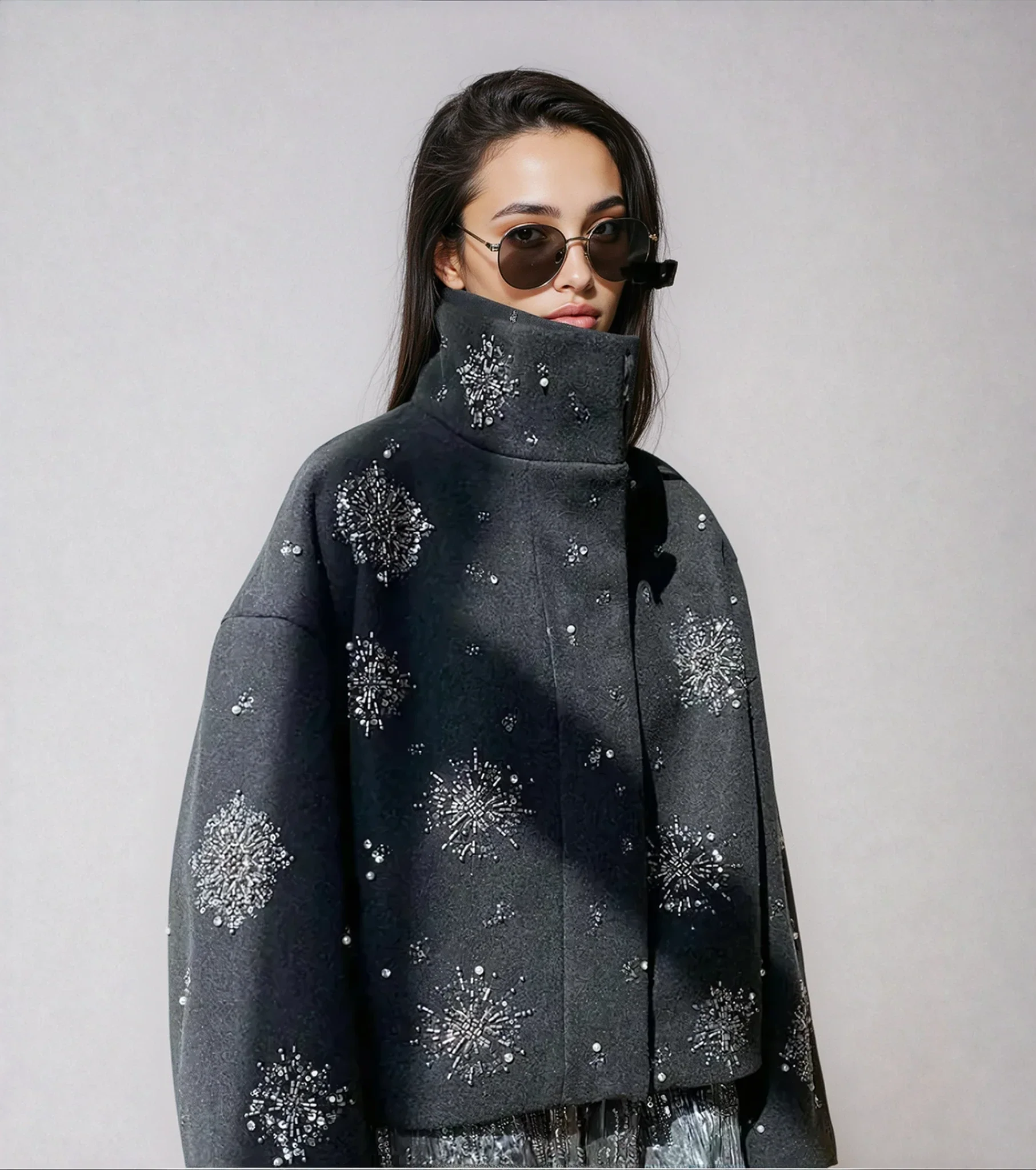 Women's Embroidery Beading Pea Coat