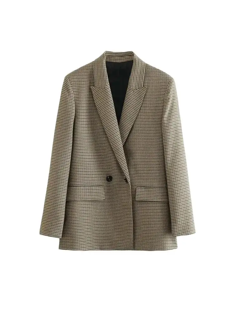 Chic Plaid Blazer Jacket – Vintage Double Breasted Design for Versatile Layering - Image 3