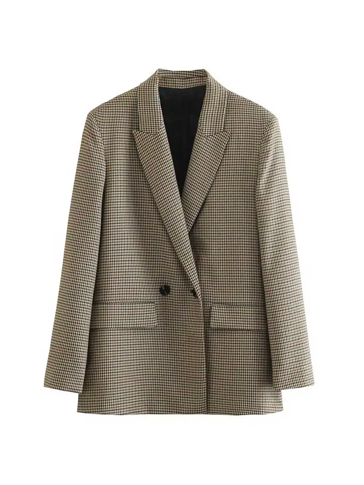 Chic Plaid Blazer Jacket – Vintage Double Breasted Design for Versatile Layering - Image 5