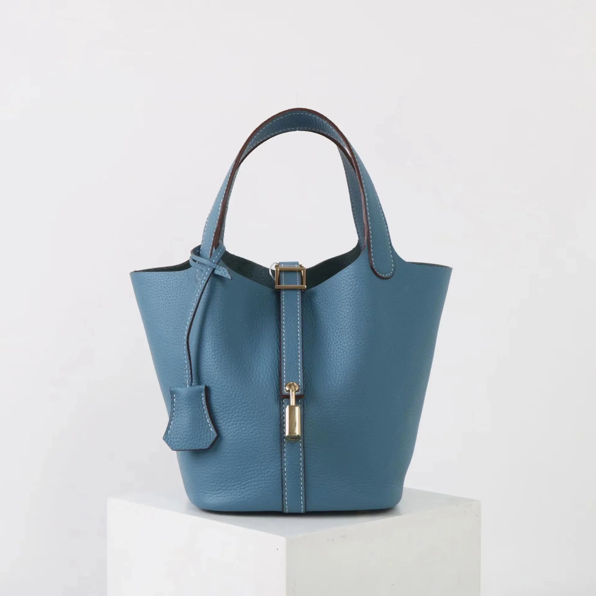 Luxe Taupe Leather Bucket Bag - Image 11