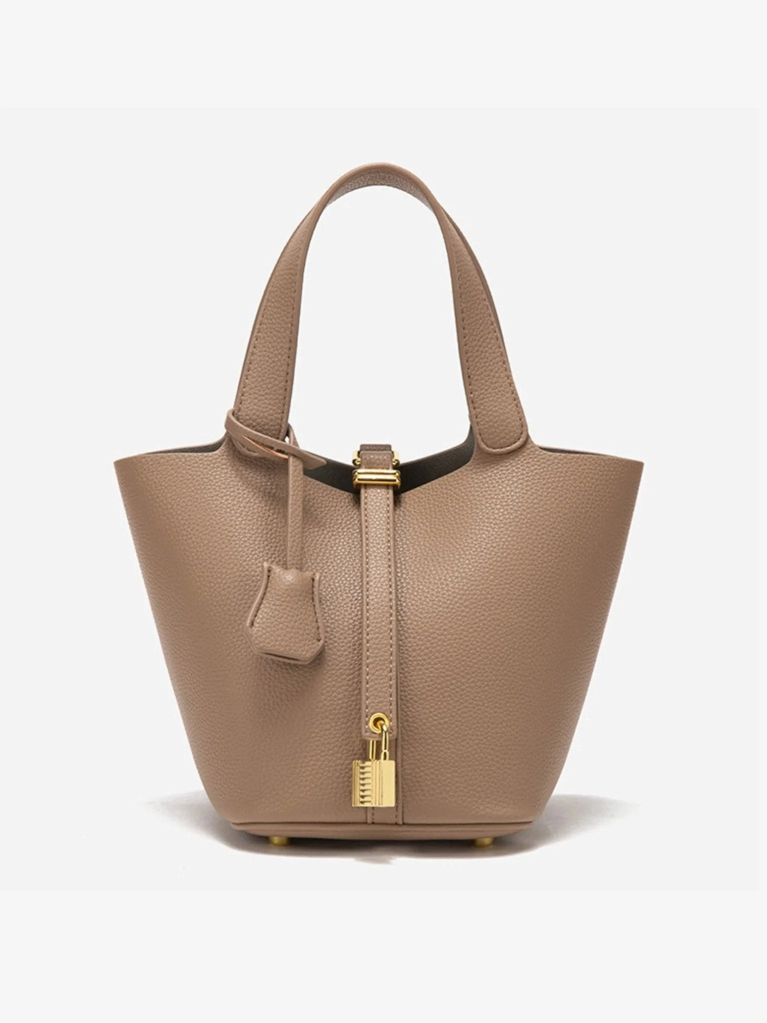 Luxe Taupe Leather Bucket Bag - Image 2