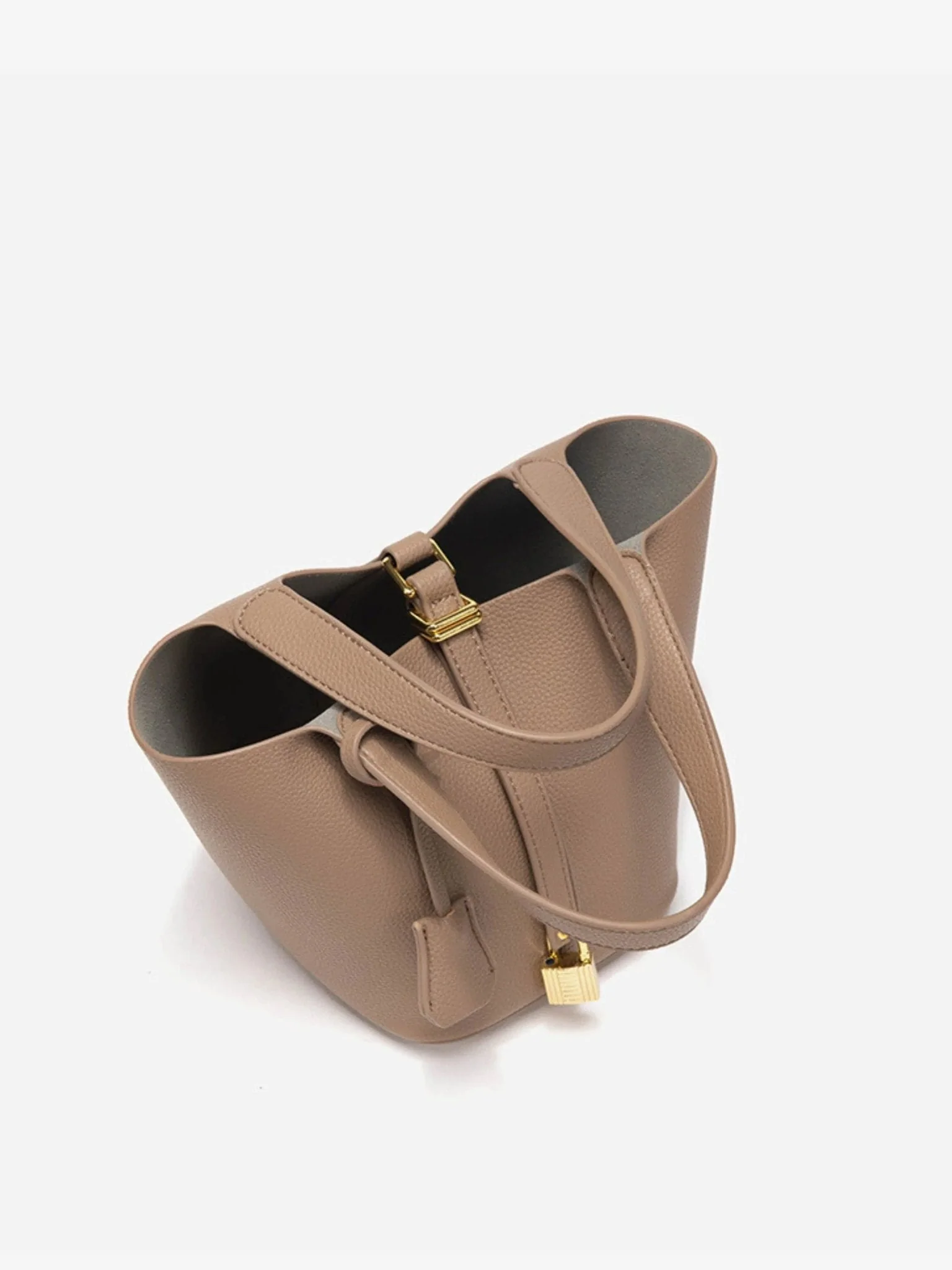 Luxe Taupe Leather Bucket Bag - Image 4