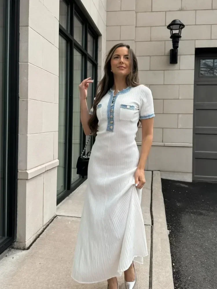 White Ribbed Knit Maxi Dress – Short Sleeve Elegant Summer Dress for Women - Image 2