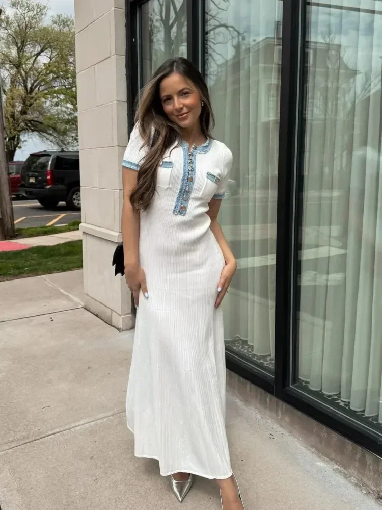 White Ribbed Knit Maxi Dress – Short Sleeve Elegant Summer Dress for Women - Image 3