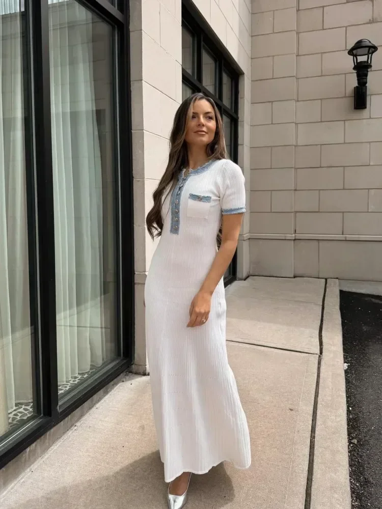 White Ribbed Knit Maxi Dress – Short Sleeve Elegant Summer Dress for Women - Image 4