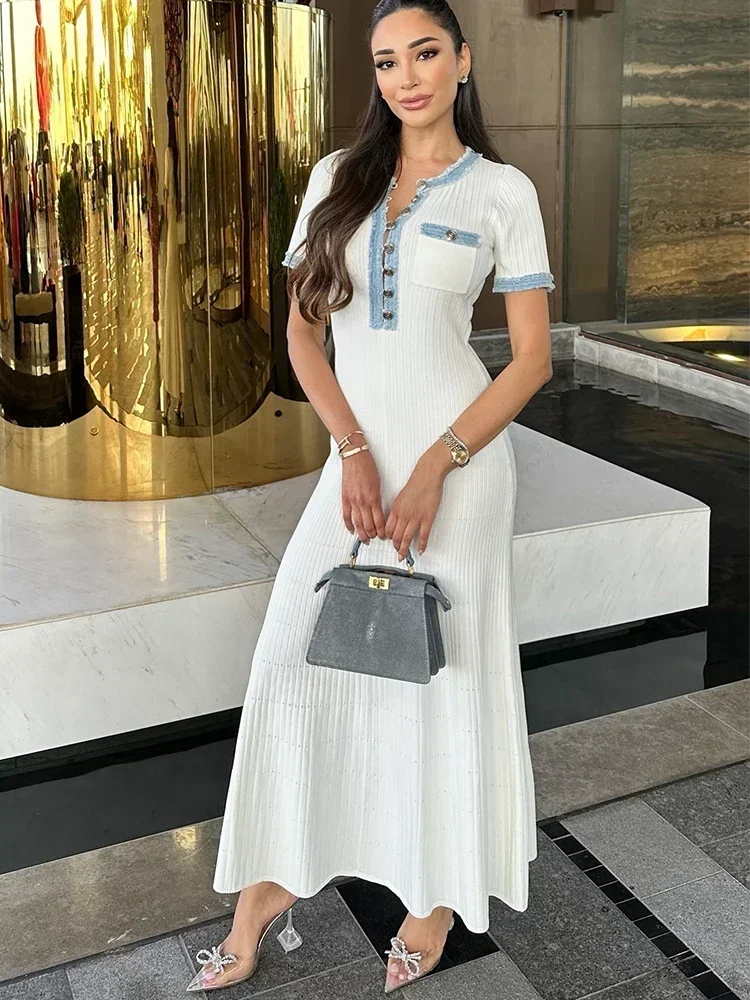 White Ribbed Knit Maxi Dress – Short Sleeve Elegant Summer Dress for Women - Image 5