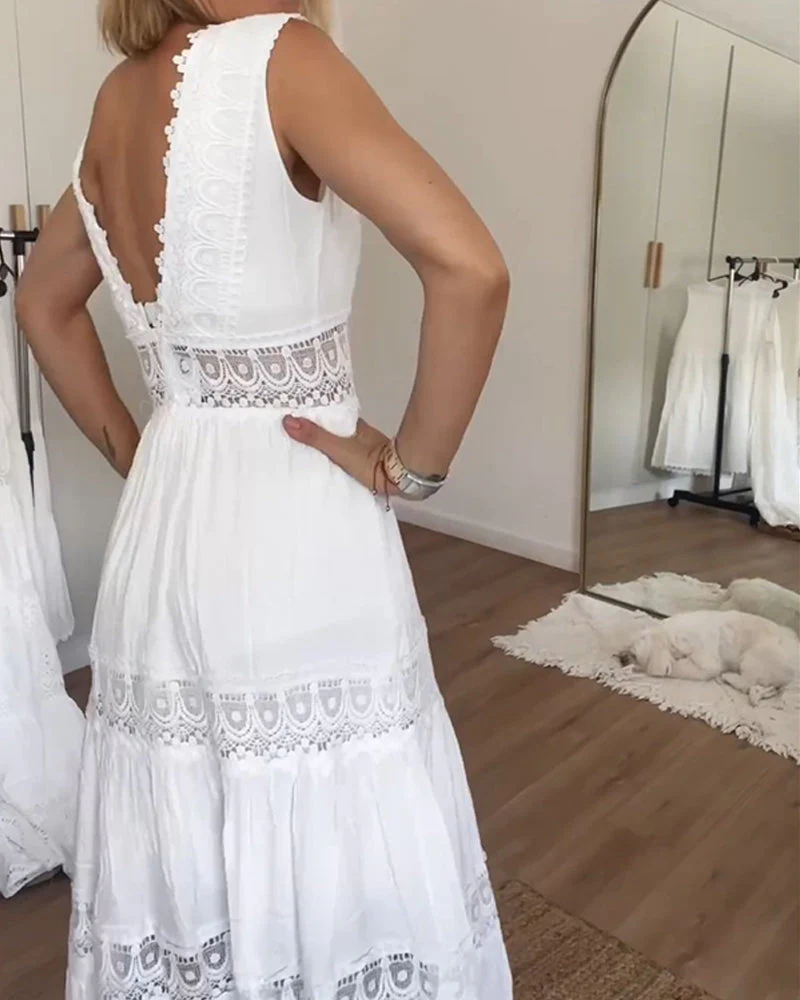 Cute Airy White Summer Midi dress with lace and V-neck - Image 3