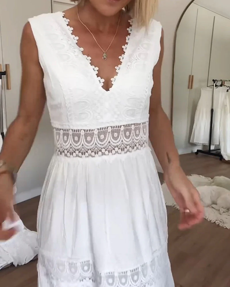 Cute Airy White Summer Midi dress with lace and V-neck - Image 4