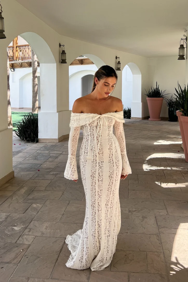 Elegant Off-Shoulder Lace Wedding Guest Maxi Dress - Image 2