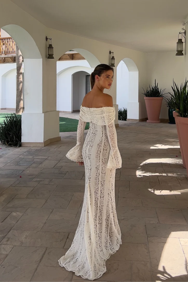 Elegant Off-Shoulder Lace Wedding Guest Maxi Dress - Image 4
