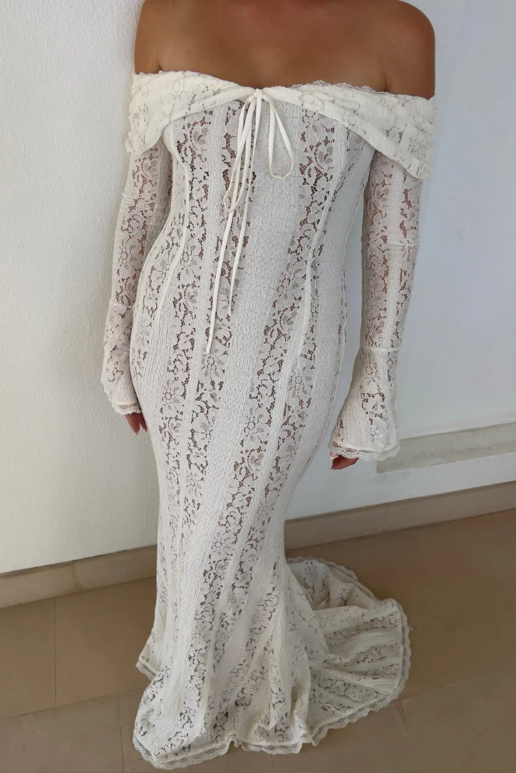 Elegant Off-Shoulder Lace Wedding Guest Maxi Dress - Image 5