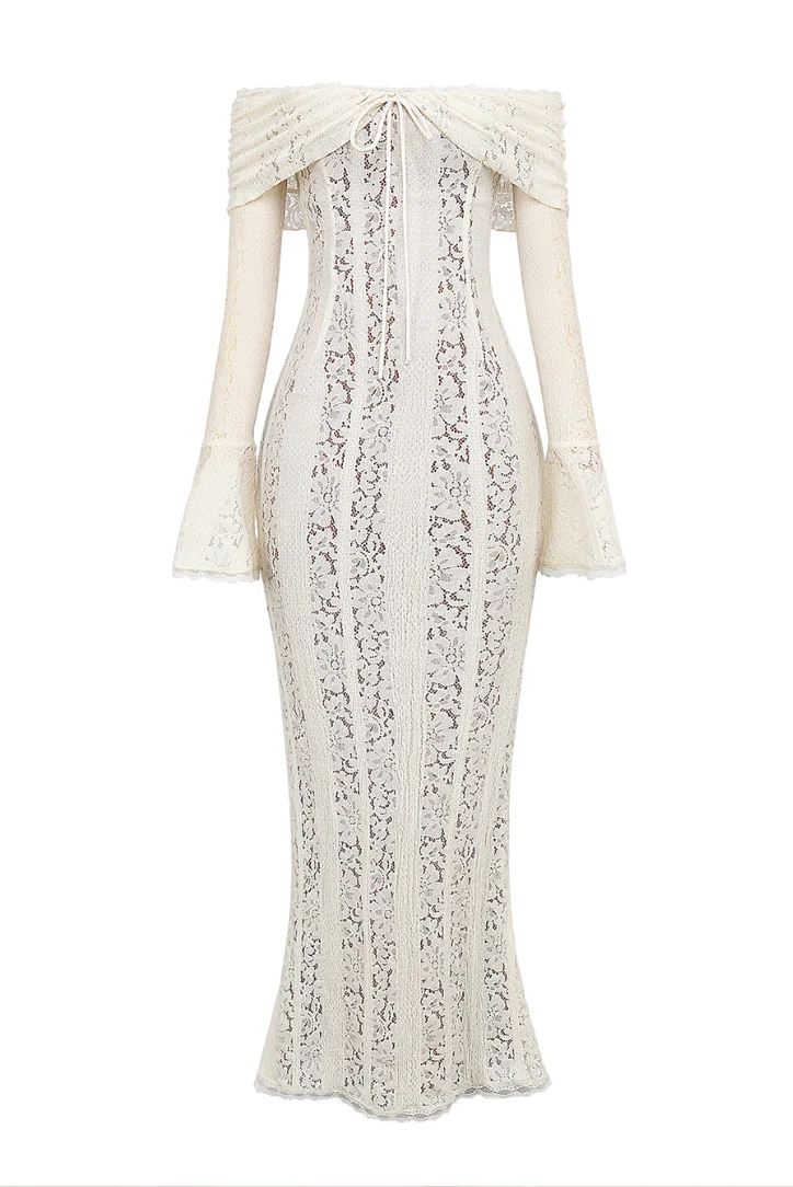 Elegant Off-Shoulder Lace Wedding Guest Maxi Dress - Image 7