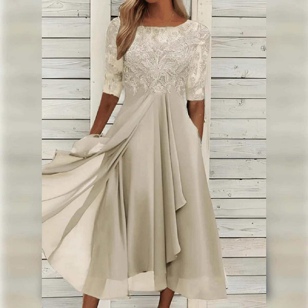 Elegant Flowy Women's Party Dress with Lace Bodice - Image 4