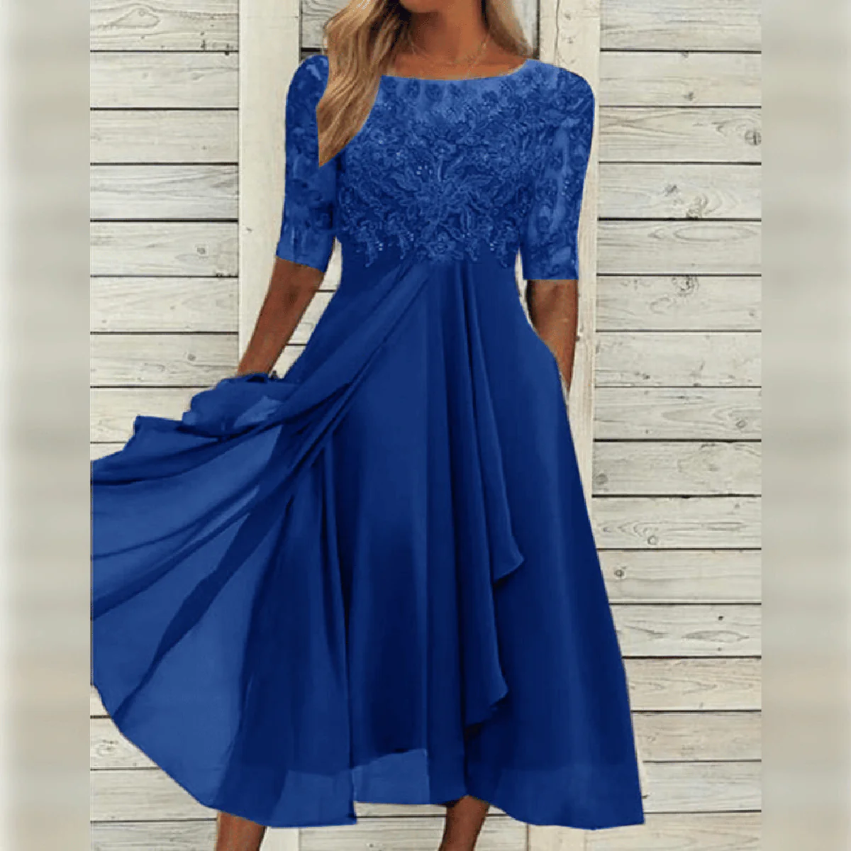 Elegant Flowy Women's Party Dress with Lace Bodice - Image 6