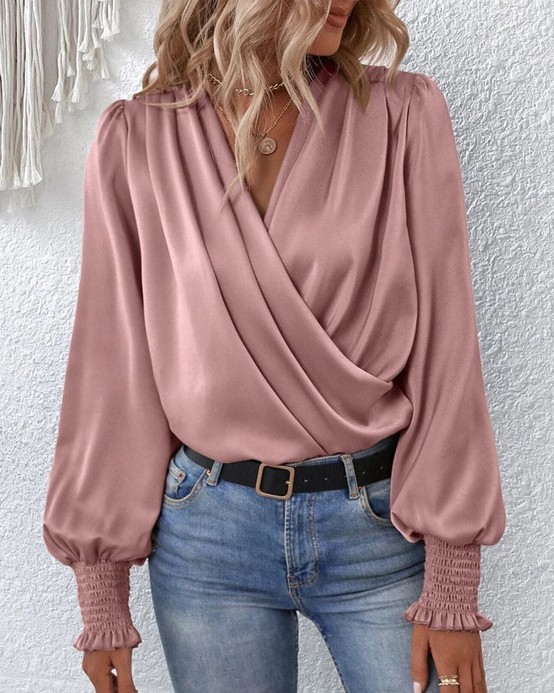 Elegant Long-Sleeve Wrap Blouse - Image 3