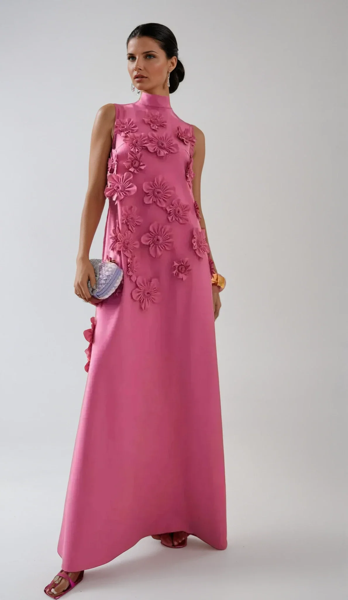 Flower Embellished Sleeveless Summer Evening Maxi Dress