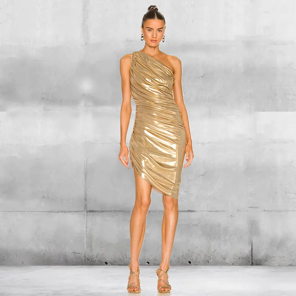 Gold One-Shoulder Evening Midi Dress