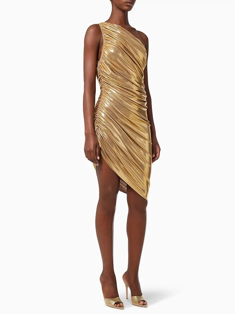 Gold One-Shoulder Evening Midi Dress - Image 3