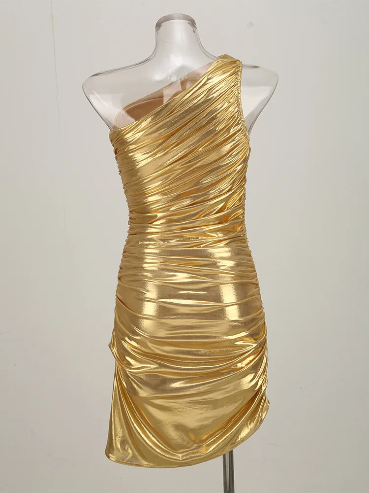 Gold One-Shoulder Evening Midi Dress - Image 6