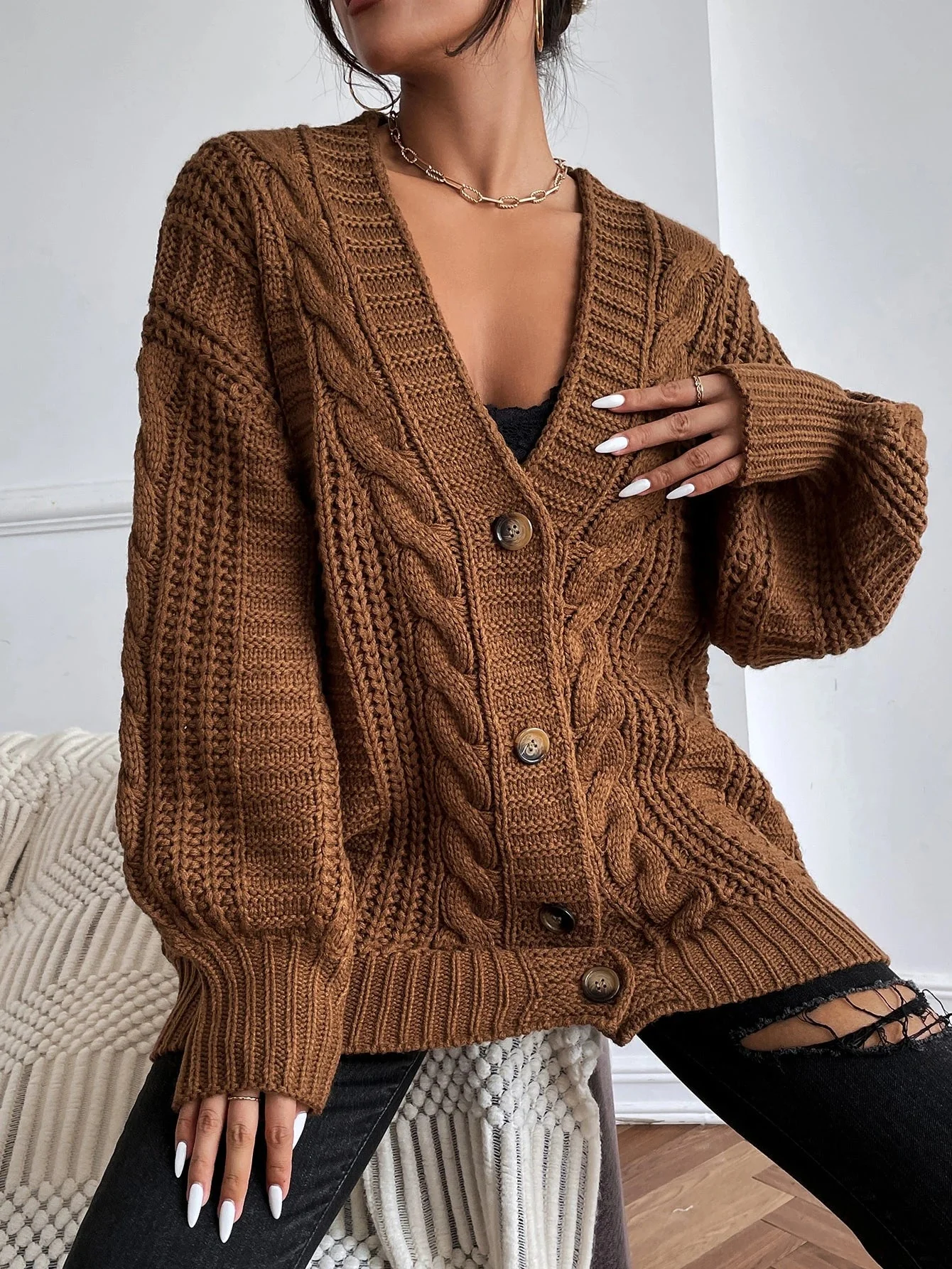 Oversized Cable Knit Cardigan - Image 6
