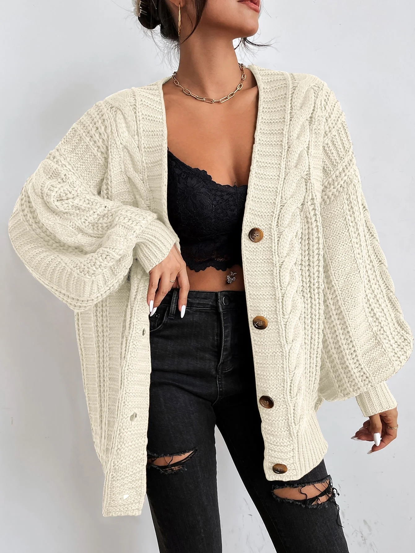 Oversized Cable Knit Cardigan - Image 7