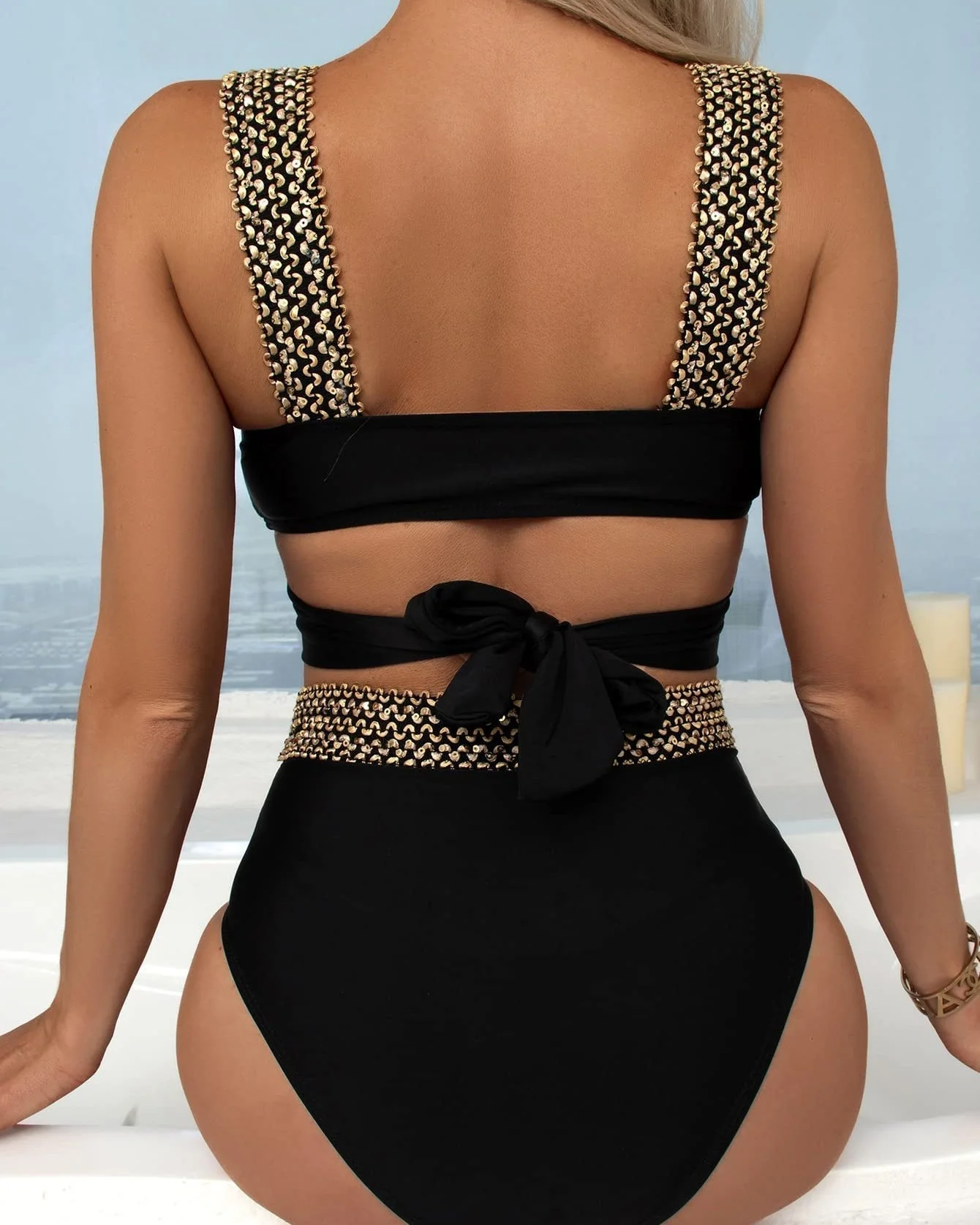 Elegant Golden Cross Straps High-Waisted Bikini - Image 5