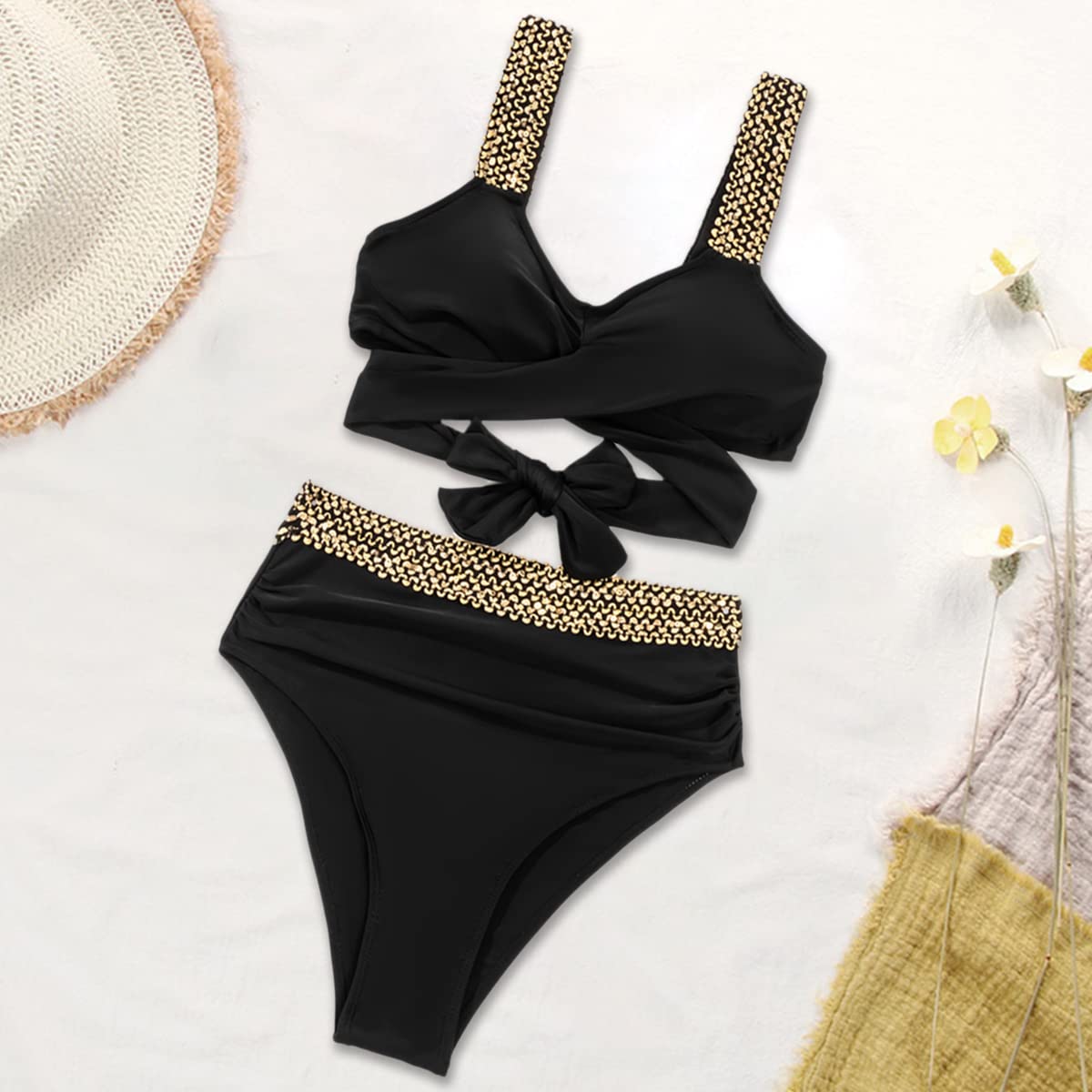 Elegant Golden Cross Straps High-Waisted Bikini - Image 7